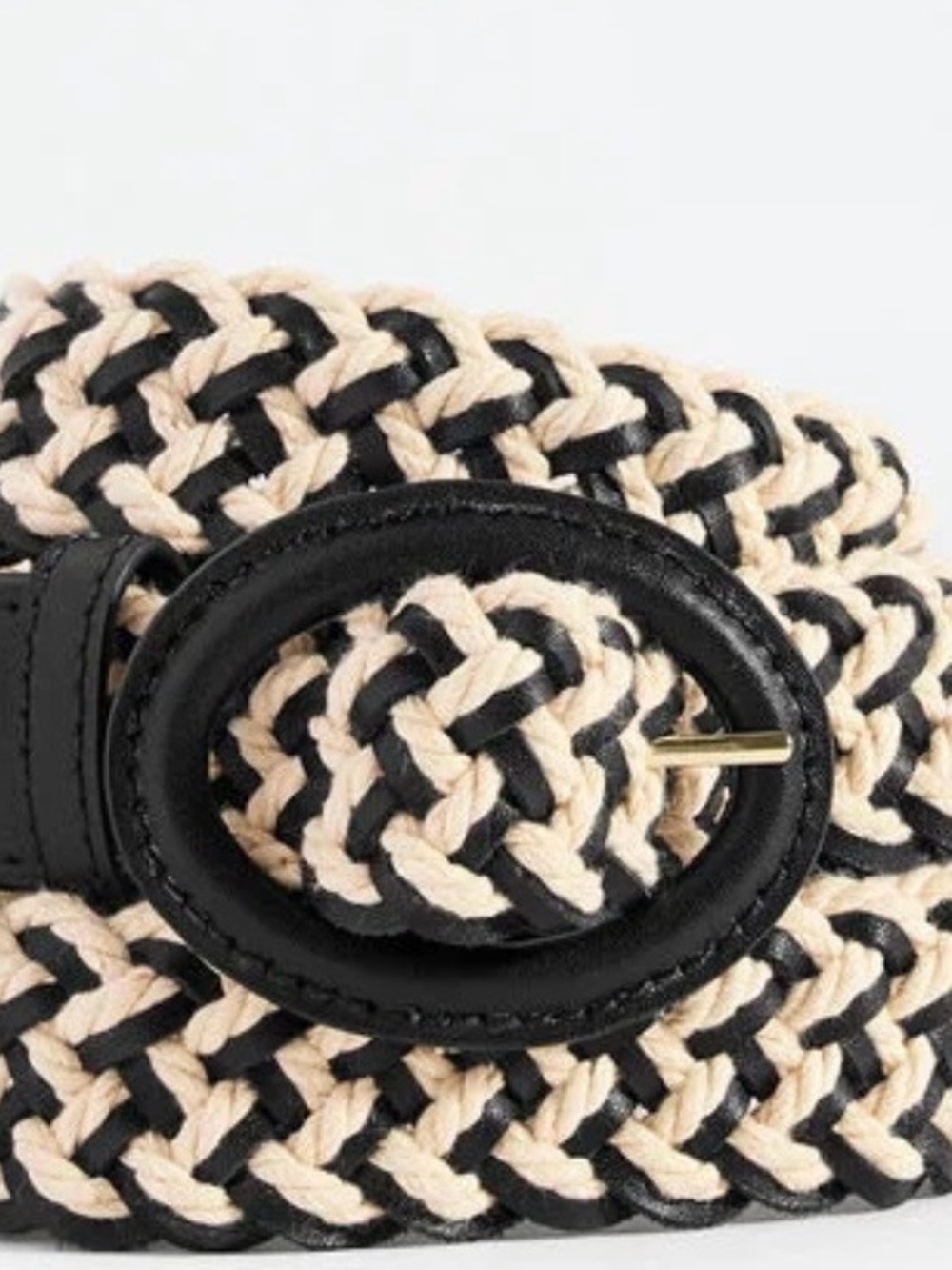 Braided Cream and Black Leather Women's Waist Belt with Oval Buckle